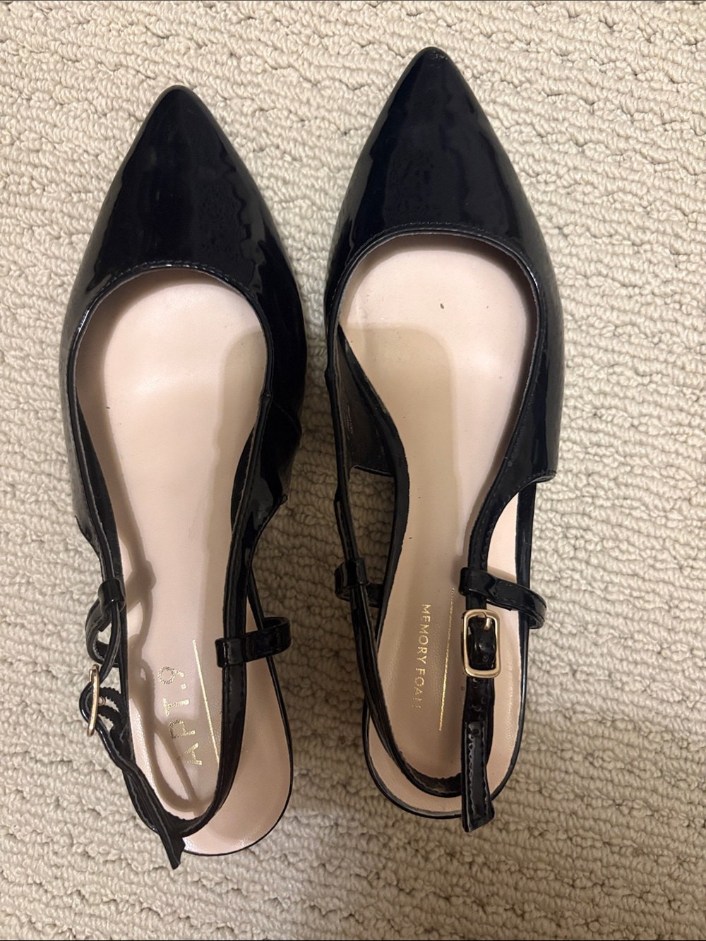 Black Patent Pointed-Toe Slingback Flats - Memory Foam Comfort size 6.5